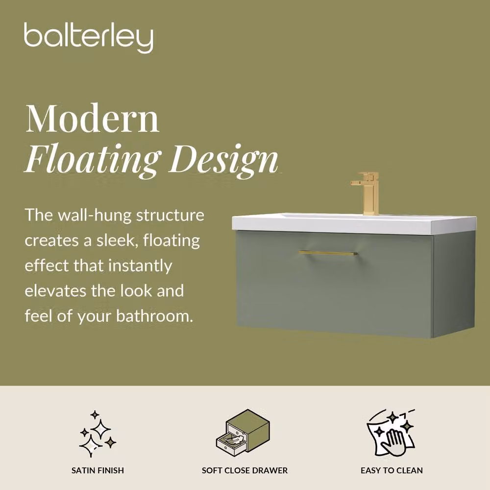 Balterley 800mm Wall Hung 1 Drawer Vanity Basin Unit in Satin Green with Brass Handle – 2