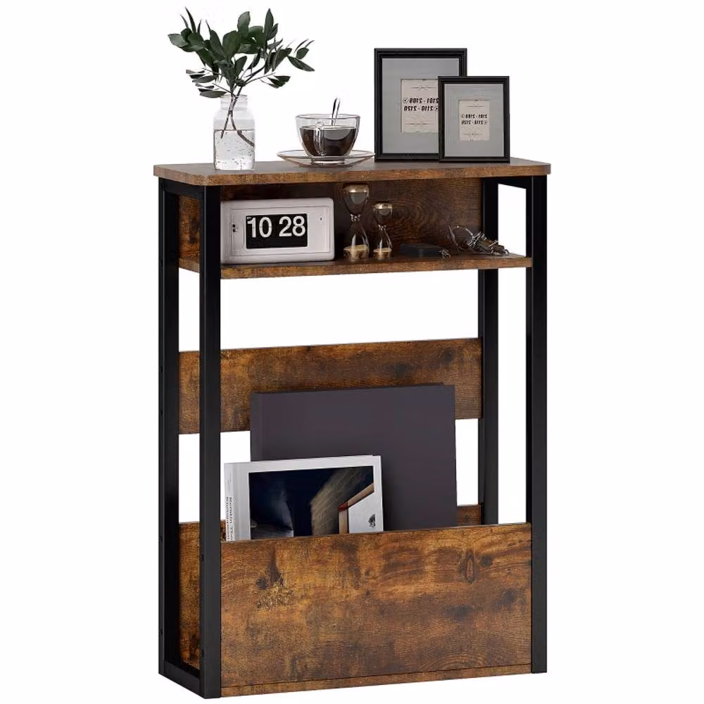 STILVORA Industrial Narrow Side Table with 2 Shelves and Black Metal Frame in Brown – 6