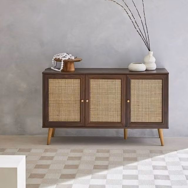 Sweekeet Boho Style Sideboard Cabinet with Rattan and Glass in Dark Brown, Width: 120 cm