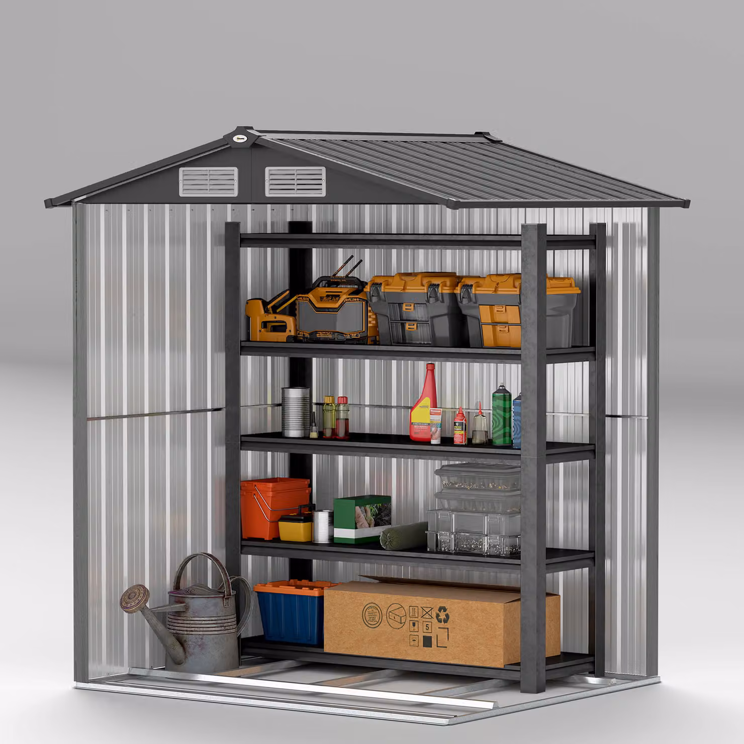 Outsunny Grey Wood Effect Outdoor Garden Storage Shed with Sliding Pent Roof and Roof Vent, W/D/H: 188.0 x 132.0 x 131.07 cm – 6