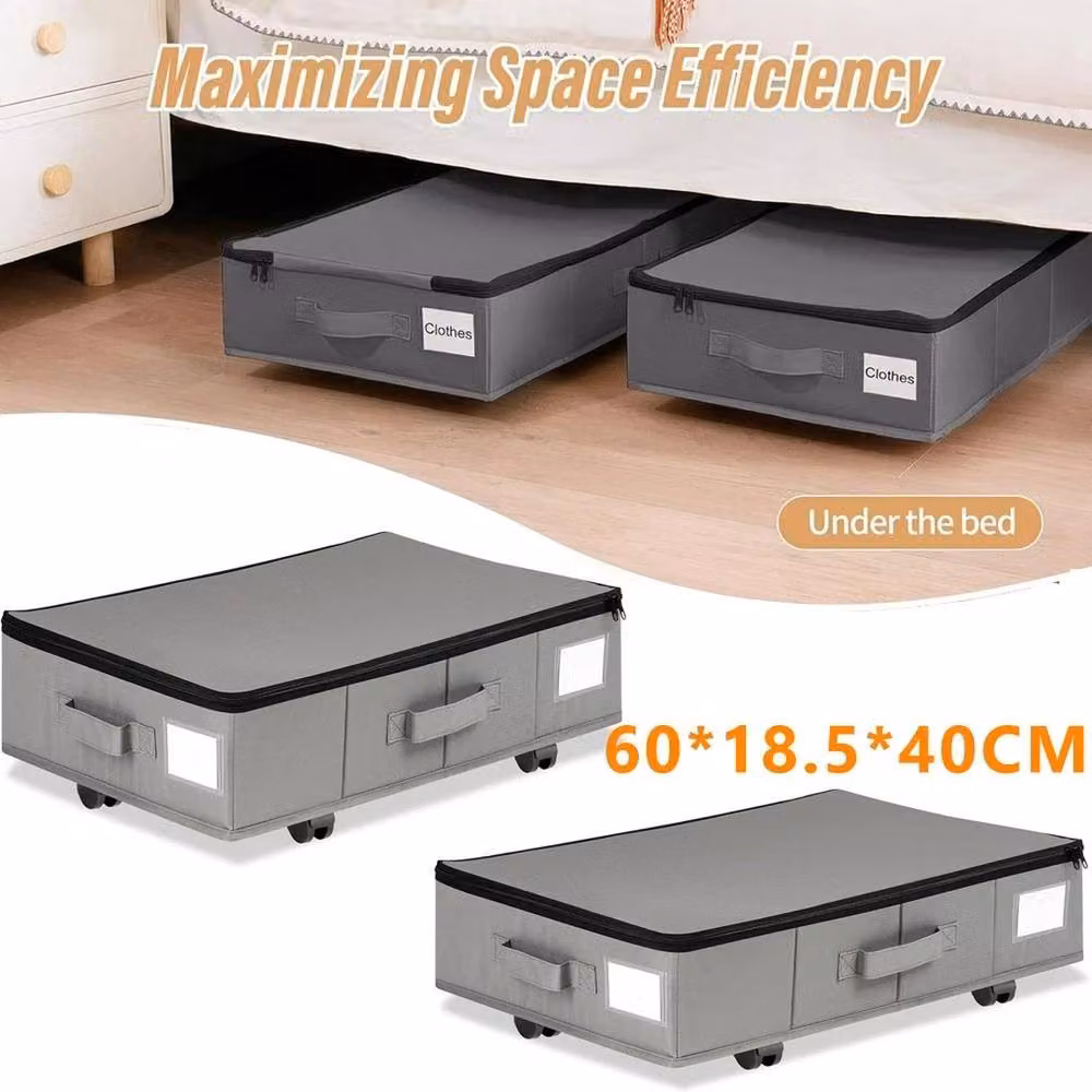 VOGREX Set of 2 Foldable Fabric Storage Boxes with 360 Swivel Casters in Grey – 2