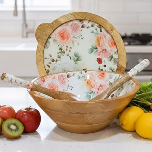 Hartsmede Handmade Mango Wood Salad Serving Bowl with Lid and Multicolour Floral Enamel Interior – 1
