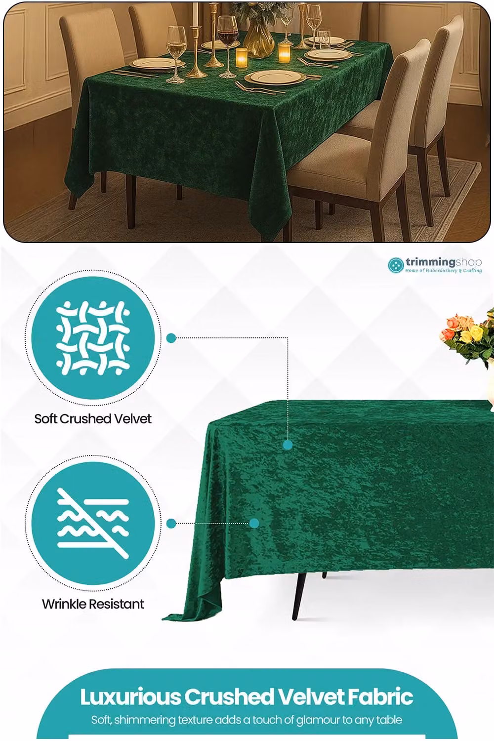 Neel Blue Diamond Velvet Rectangular Tablecloth in Green