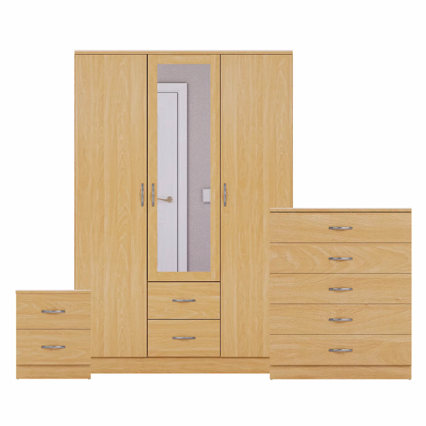 Vida Designs 3 Piece Modern Bedroom Set in Brown featuring 2 Bedside Tables, 5 Drawer Chest and Mirror Wardrobe – 2
