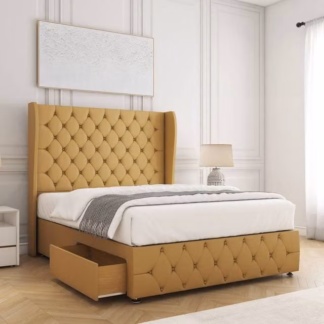 BSSPOKE Faye Velvet Divan Bed in Mustard Yellow with 54 inch Headboard and 2 Drawers, Double Size W/D/H: 140 x 200 x 30.48 cm