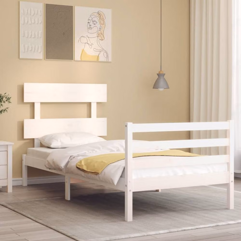 Berkfield Home Single Solid Wood Bed Frame with Headboard in White – 2