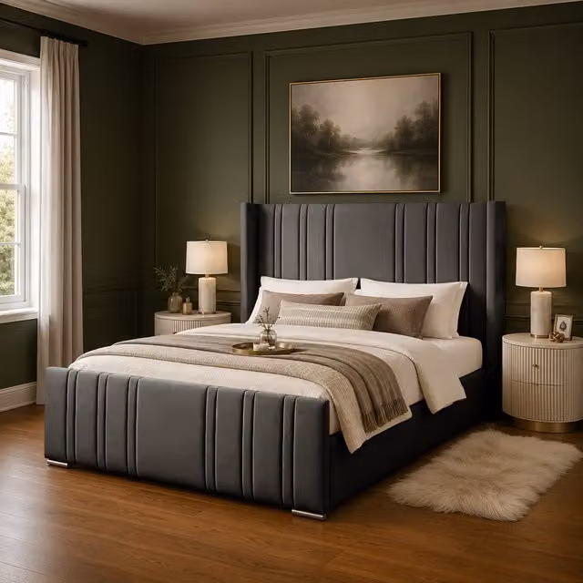 Desire Deco Gerald Luxury Upholstered Wingback Bed Frame in Blue Velvet, Small Double, 120 x 200 cm