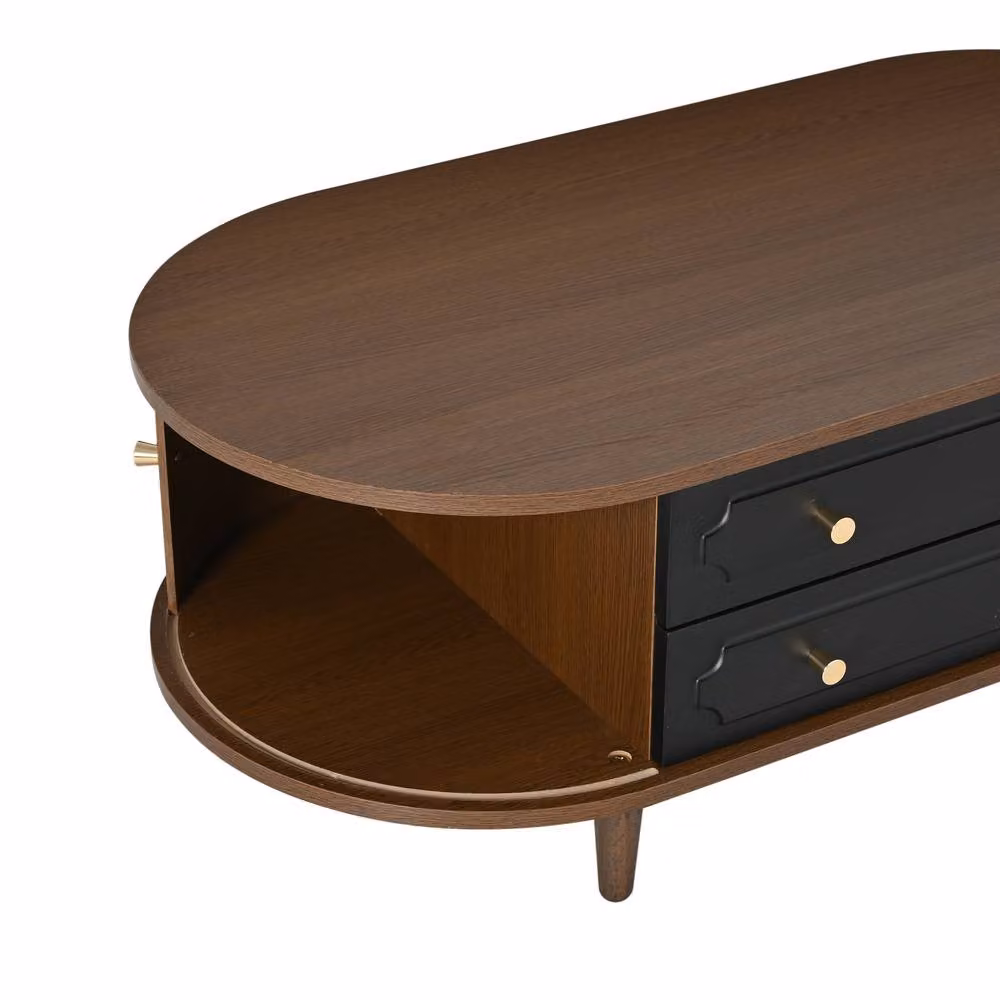 Matteo Scandinavian Oval Coffee Table in Brown and Black Wood Finish with 2 Drawers and Roll-Up Door, W/D/H: 100 x 50 x 36 cm – 6
