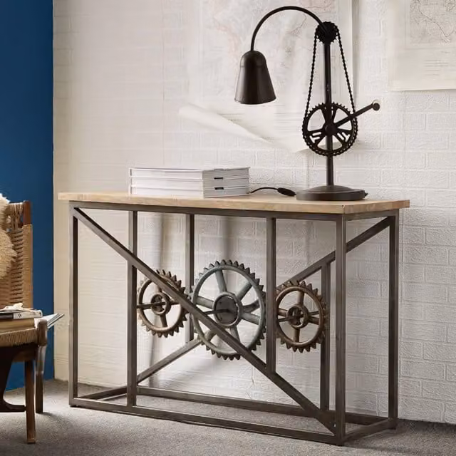IH Design Industrial Wood and Metal Console Table with Castors in Brown