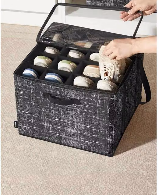 The Bazaarist Set of 2 Fabric Shoe Storage Bins with Transparent Lids, Black – 1