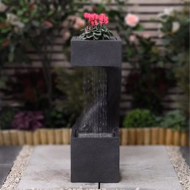 Serenity Modern Square Tabletop Cascade Rainfall Water Feature with Planter in Grey