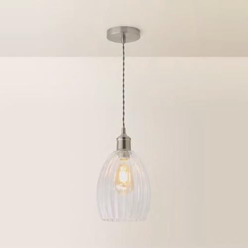 ValueLights Cheltenham Brushed Chrome and Transparent Ribbed Glass Dome Pendant Ceiling Light