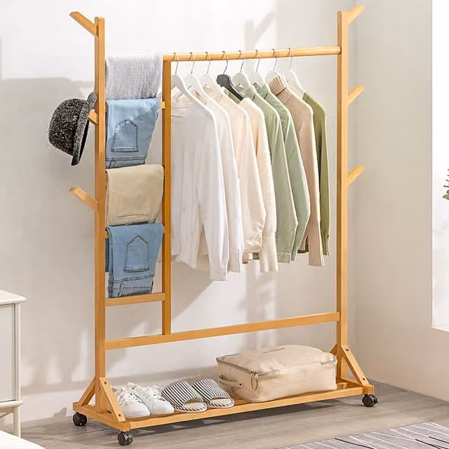 Livingandhome Bamboo Clothes Rack with Dual Hook and Rail Matrix in Brown