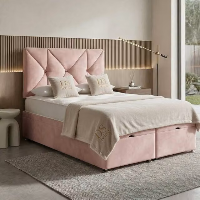 DS Living Eclipse Pink Velvet Upholstered Ottoman Bed, W: 180 cm, D: 200 cm – 1