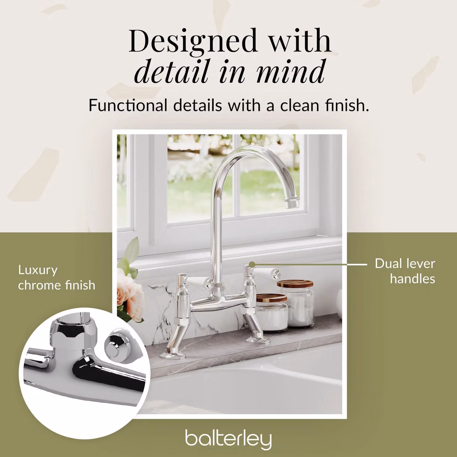 Balterley Traditional Bridge Kitchen Mixer Tap in Chrome with White Dual Lever Handles, H x W x D: 51.0 x 23.5 x 20.0 cm – 2