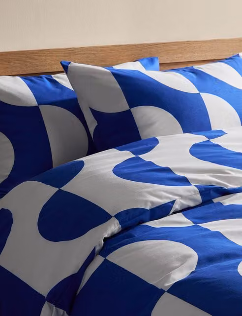 M&S Blue Mix Cotton Blend Dotted Retro Duvet Cover, W/H: 140 x 200 cm
