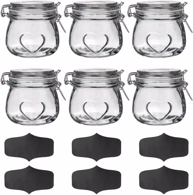 Nicola Spring Heart Shaped Glass Storage Jars with Airtight Clip Lids and Chalkboard Labels, 500ml, Pack of 6, Transparent – 4