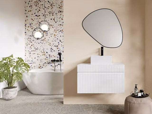 Vente-unique Suspended White and Pink Striped Bathroom Furniture with Ceramic Square Countertop W/D/H: 80 x 46 x 46 cm