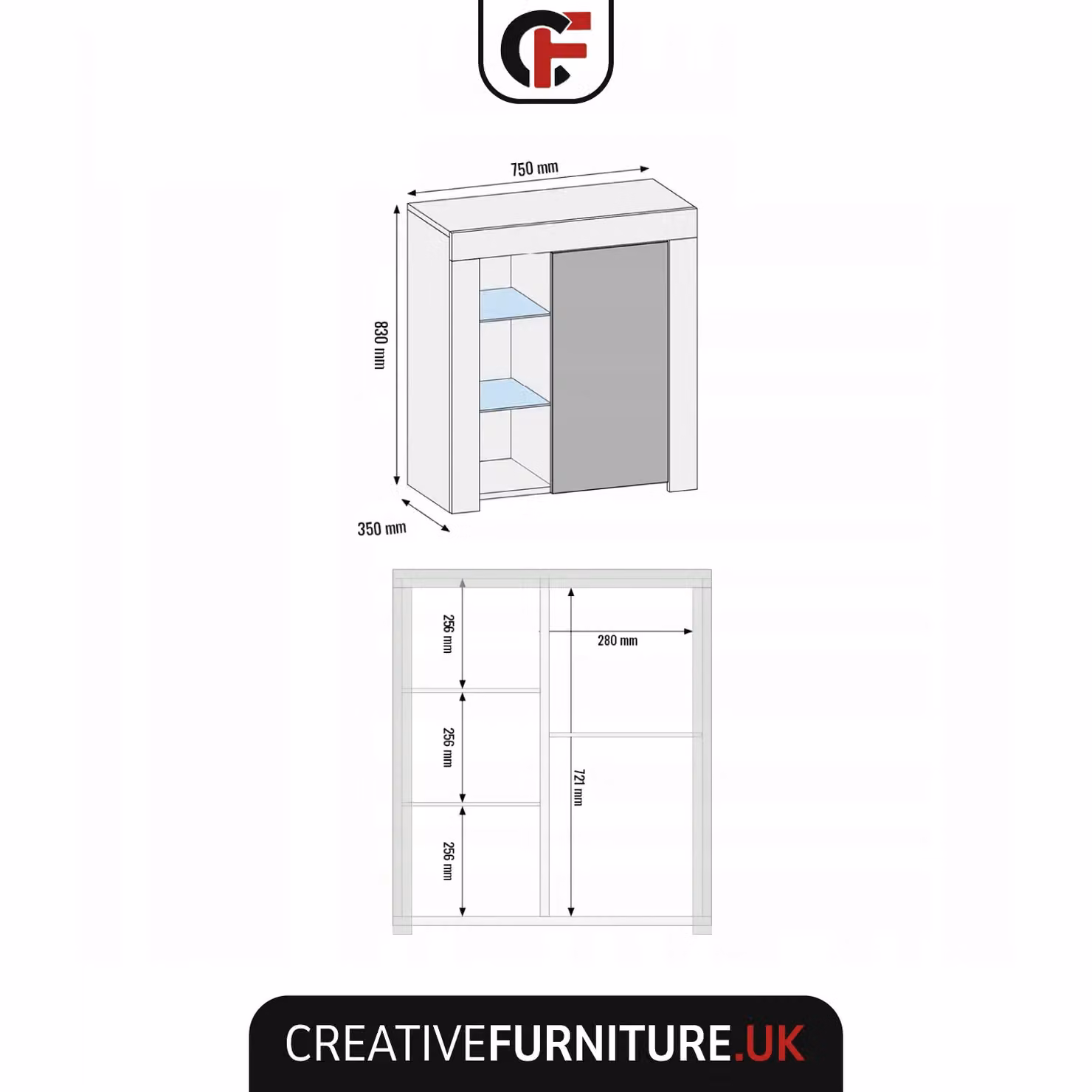 Mex Furniture LTD Modern Glossy Sideboard with Integrated LED Lighting in Dark Grey, W/D/H: 83 x 35 x 75 cm – 4