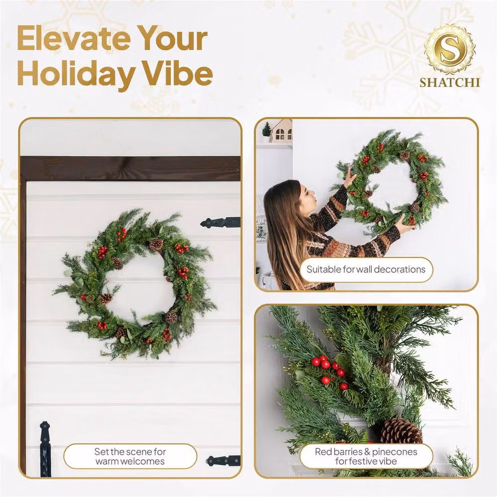 Shatchi Christmas Wreath with Red Berries and Pinecones in Green, Diameter: 90 cm – 6