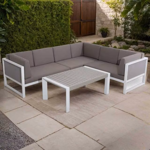 Furnishings For Less UK 6 Seater Aluminium Garden Corner Sofa Set with Coffee Table in White