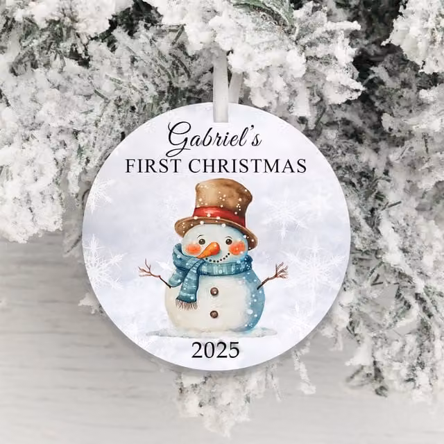 Uniqueful Personalised Baby's First Christmas Round Hanging Snowman Decoration in White
