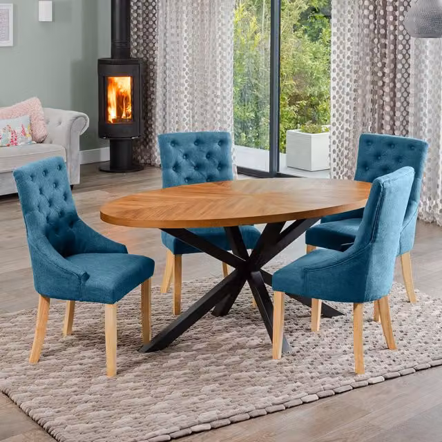 Artemis Home Dosenna Oval Dining Table Set with 4 Ravenna Fabric Chairs in Petrol