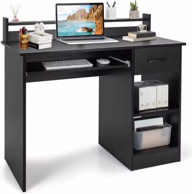 Costway Black Wooden Computer Desk with Keyboard Tray and Writing Workstation