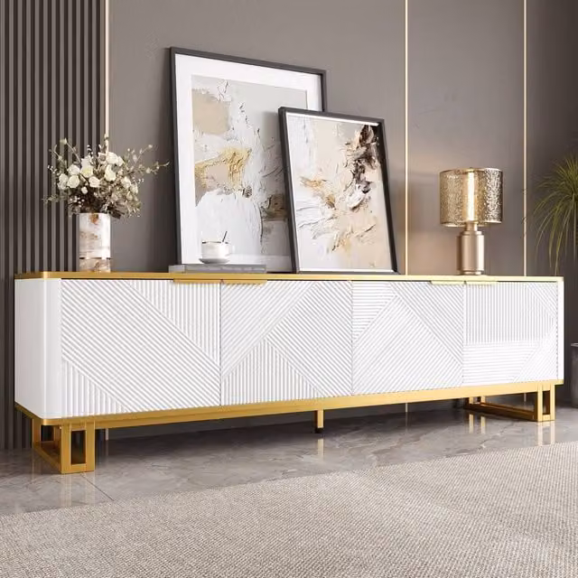 Merax White Modern TV Stand with 4 Doors and Metal Base, W: 160 cm, D: 48 cm, H: 48 cm – 1
