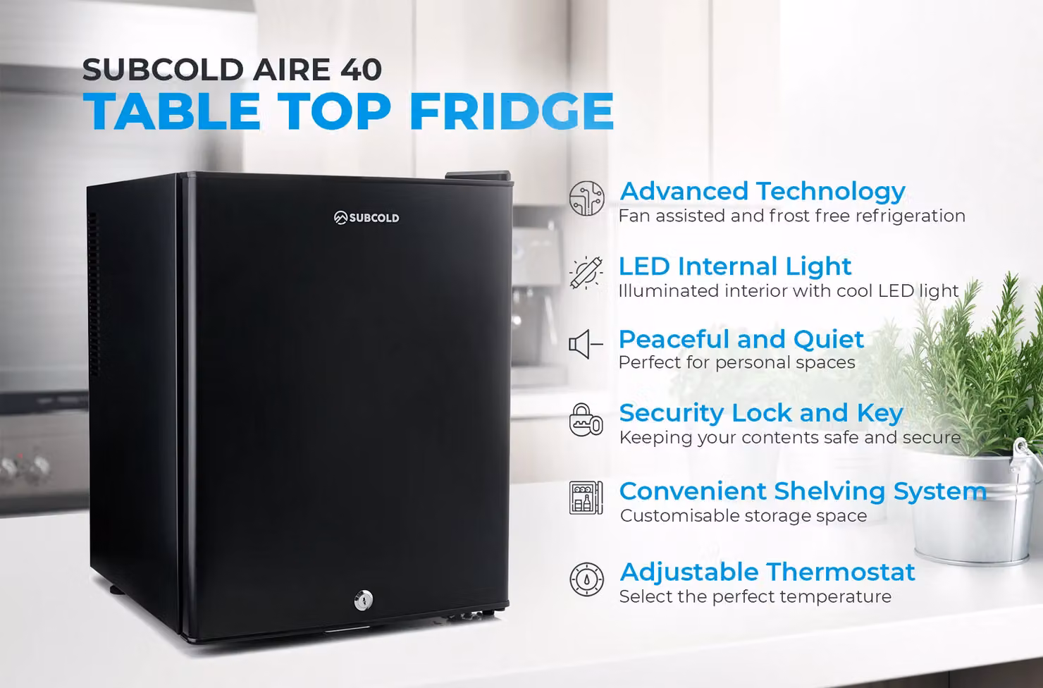 Subcold Aire30 LED Mini Fridge, 30L Black Lockable Table Top Model with Interior LED Light – 7