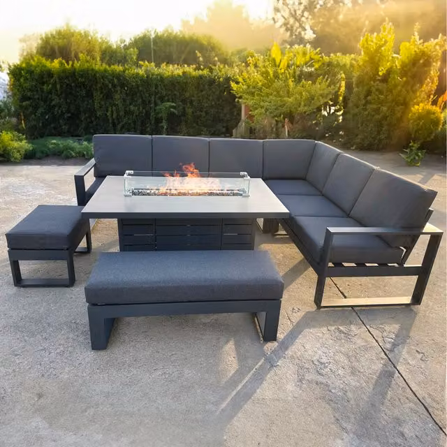 Bracken Outdoors Portland Aluminium Corner Garden Furniture Set with Fire Pit Table in Anthracite Grey
