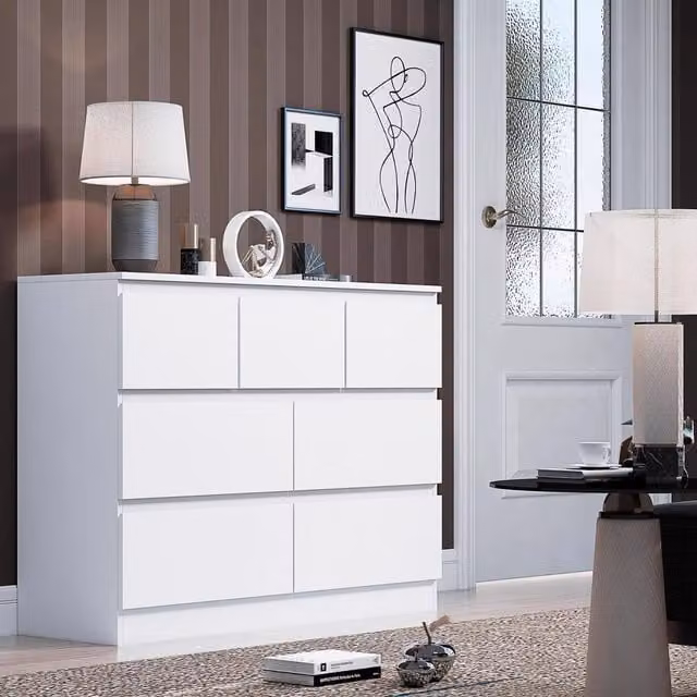 FWStyle Matt White Modern Chest of Drawers and Bedside Table, W: 106 cm, H: 81 cm