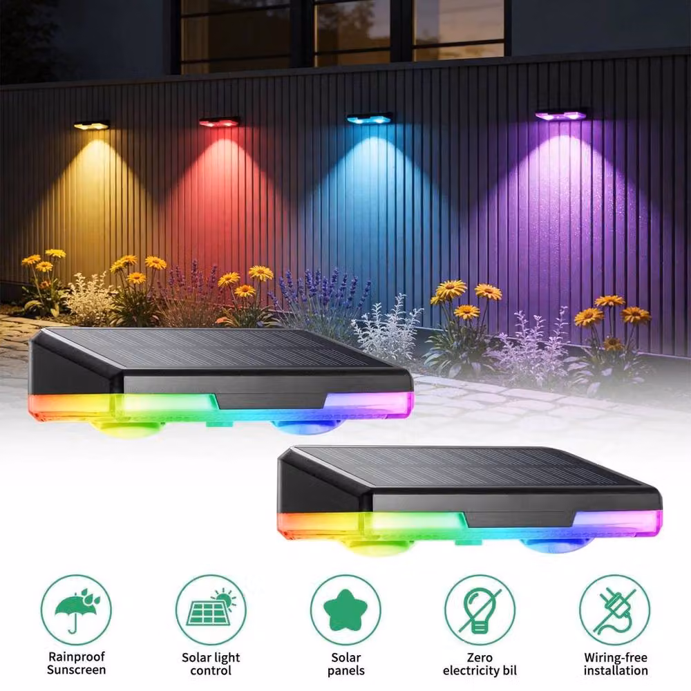 FLAVORA 12-Piece RGB LED Solar Powered Black Garden Wall and Fence Lights – 6