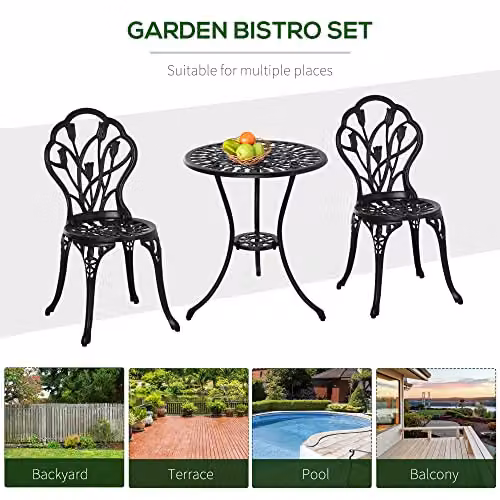 Outsunny 3 Piece Retro Patio Bistro Set for 2 in Black Powder Coated Aluminium – 5