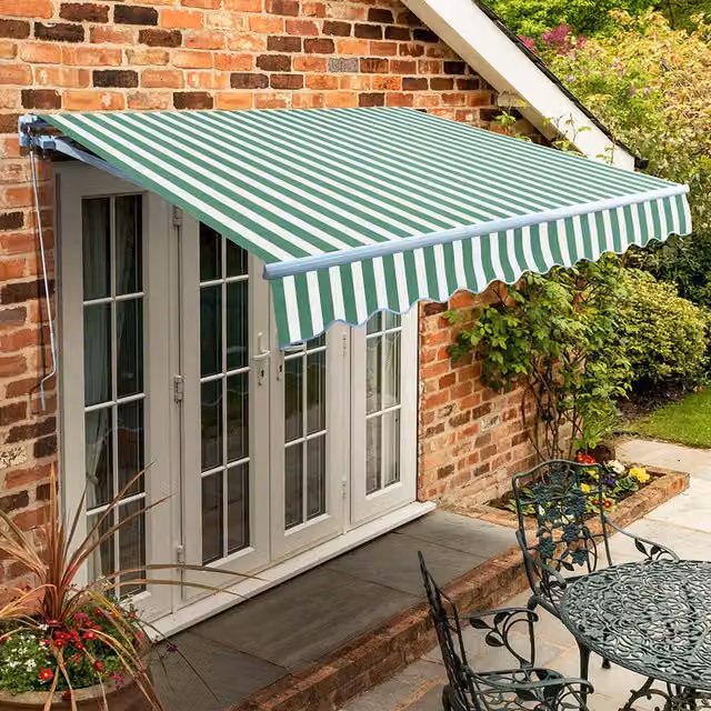 Primrose Manual Wall-Mounted Garden Patio Awning Canopy with Aluminium Frame in Green and White Stripe