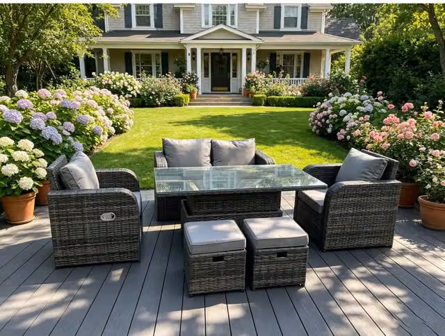 Fimous 6 Seater Rattan Outdoor Dining Set with Adjustable Table, Love Sofa, Reclining Chairs and Footstools in Dark Grey – 2