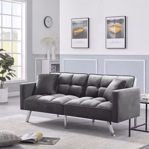 KOSY KOALA 2 Seater Grey Velvet Click Clack Sofa Bed with Metal Legs and 2 Scatter Cushions – 2