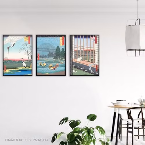 Artery8 Set of 3 Hiroshige Ricefields Japanese Wall Art Prints, Green and Blue, A4 Size – 4