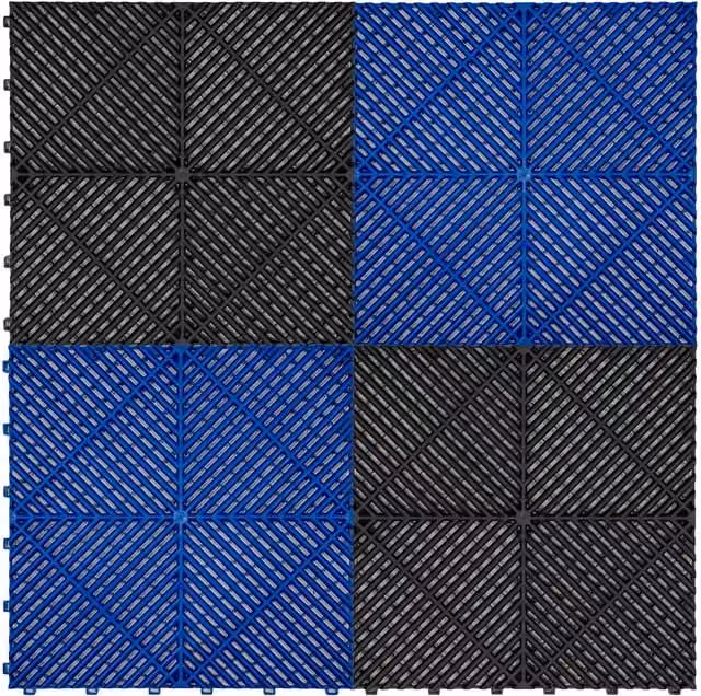 Monster Shop Vented Modular Interlocking Garage and Showroom Floor Tiles, Black and Blue Plastic