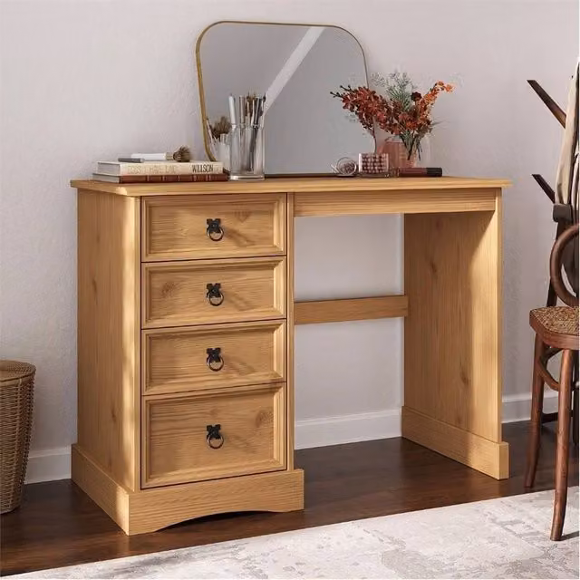 Nordara 4 Drawer Dressing Table and Computer Desk in Brown Rustic Waxed Solid Pine Wood – 1