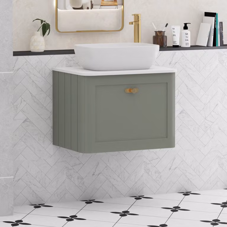 Royal Bathrooms Henley 600mm Sage Green Wall Hung Vanity Unit with Elva Basin and Brushed Brass Knob