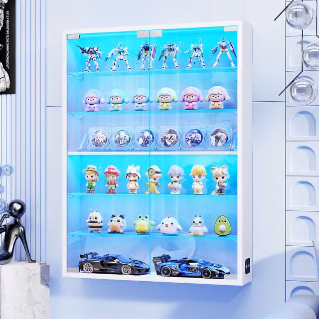 BROTTAR 6-Tier Wall Mounted Display Case with Glass Doors and Integrated Lighting, White