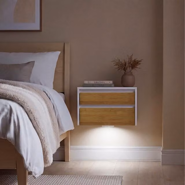 SoBuy White Floating Nightstand with Integrated Lighting and Push-to-Open Drawers