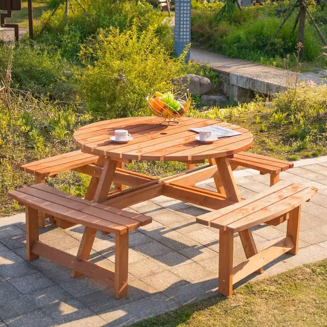 Outsunny Round Wooden Picnic Table and Bench Set in Reddish Brown