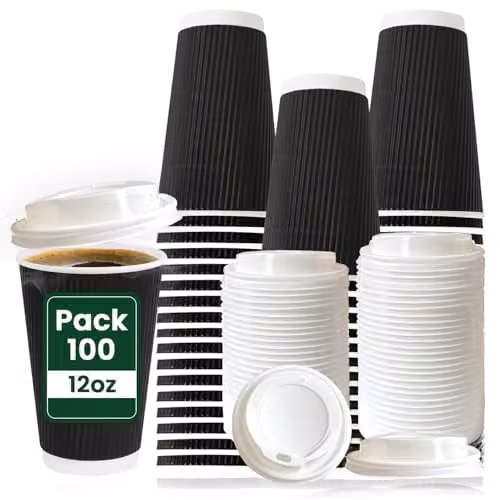 ECONX 100 Pack Black Ripple Triple Wall Disposable Coffee Cups with White Lids, 12oz