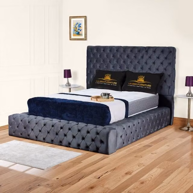 UK Bed Furniture Ambassador Ottoman Gas Lift Upholstered Bed in Grey, W/D: 140 x 200 cm