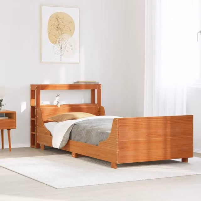 Berkfield Home Small Single Solid Wood Pine Bed Frame in Wax Brown with Side Compartments, W: 75 cm, L: 190 cm