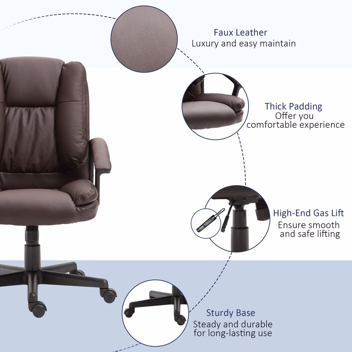 HOMCOM Brown Faux Leather Swivel Executive Office Chair with Armrests and Castors – 4