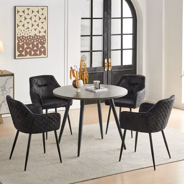SONARA Grey Marble Round Dining Table and 4 Black Faux Suede Dining Chairs Set