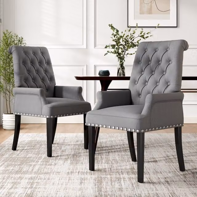 Komore Modern Geometric Linen Upholstered Dining Armchair with Rubberwood Legs